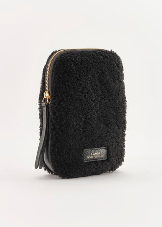 Handytasche zum Umhängen – original Schaffell ungefärbt (schwarzes Schaf)